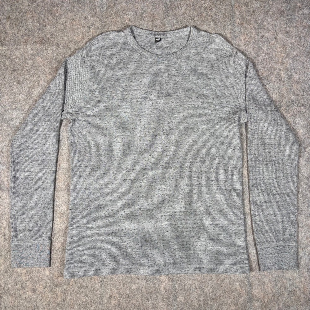 Uniqlo Waffle Knit Crewneck Mens Large Gray Long Sleeve Thermal Shirt 341-408973